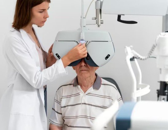 Doctor examining an elderly patient’s vision for eye floaters at the Best Eye Floaters Treatment Doctor in Sector 51, Gurugram